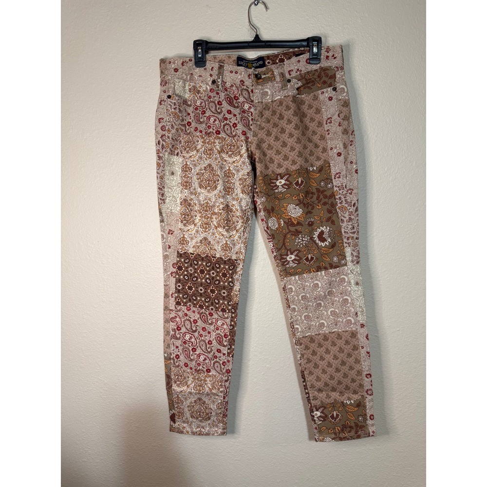 Lucky Brand Charlie Skinny Patchwork Paisley Floral Jeans Brown Tan Red 10/30